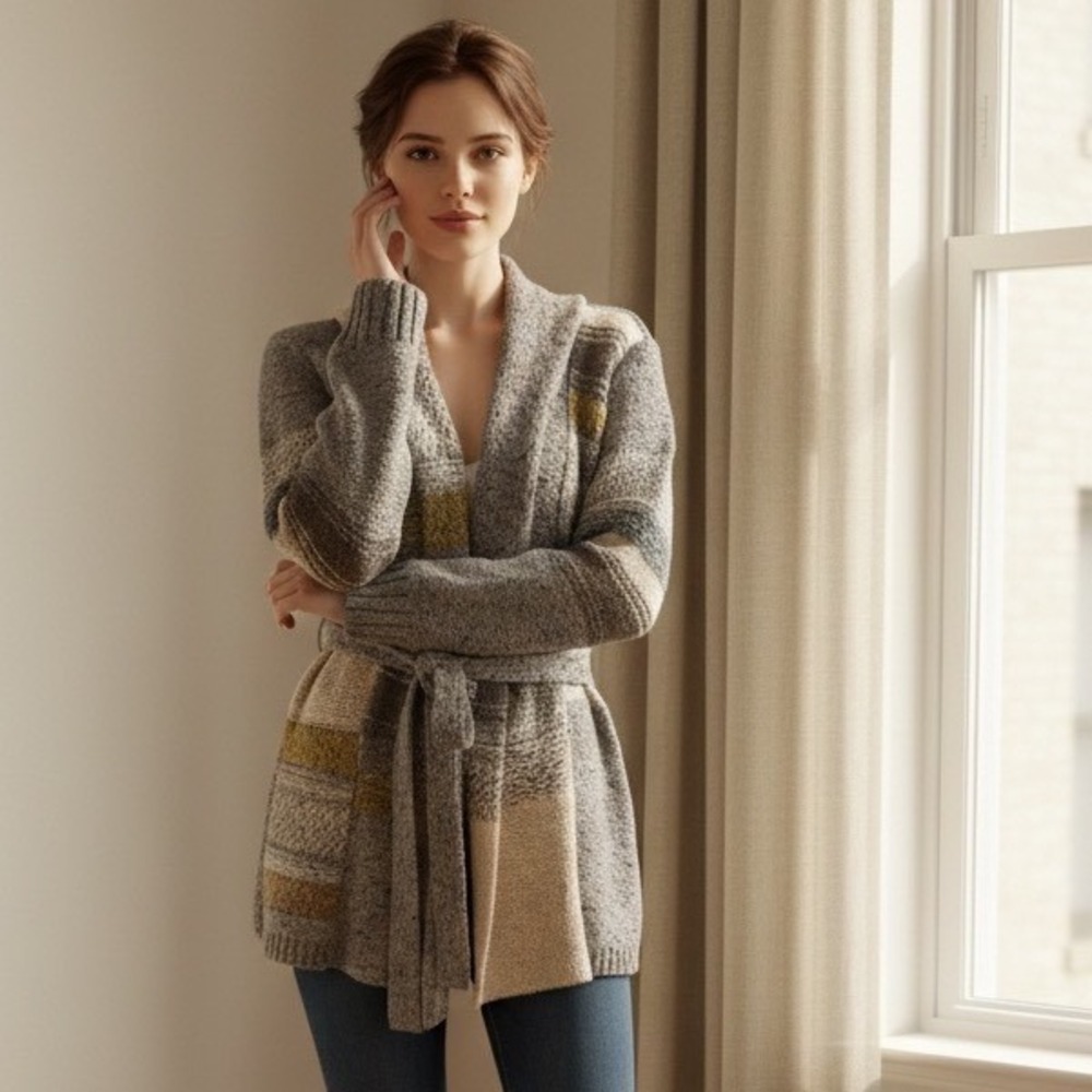American Rag Cie Womens Grey Patchwork Knit Belted Shawl Cardigan Sweater Large